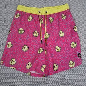 Neff Men's L Rubber Duck Board Swim Trunks Neon Yellow Pink 80s 90s Vibe